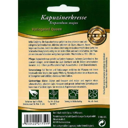 Kapuzinerkresse Samen, Variegated Queen, essbare Kletterpflanze von