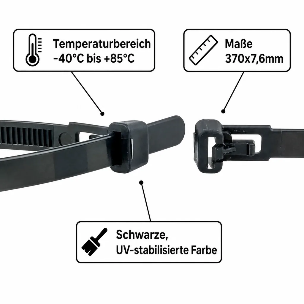 Kabelbinder schwarz, 100 Stück, 370x7,6mm, wiederlösbar, UV-beständig