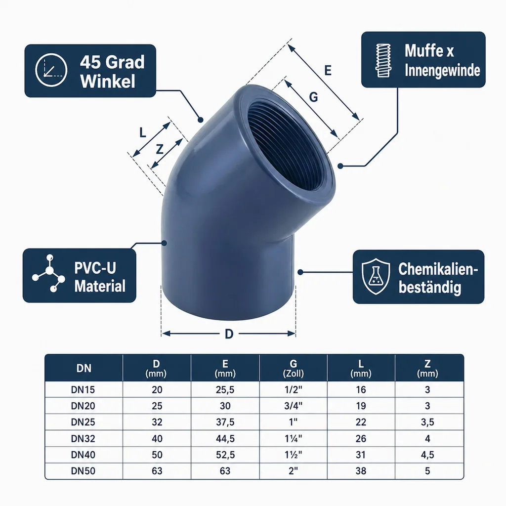 PVC Winkel 45 Grad, PVC Fitting, Muffe x IG 20 mm, 1/2" PN10