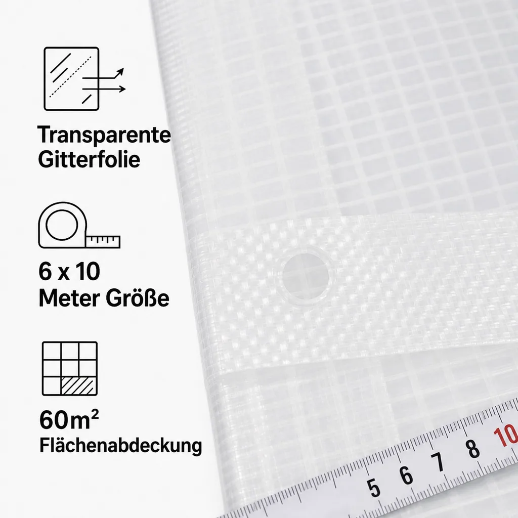 Abdeckplane, Gitterfolie transparent, 6x10m (60m²), reißfest & UV-beständig