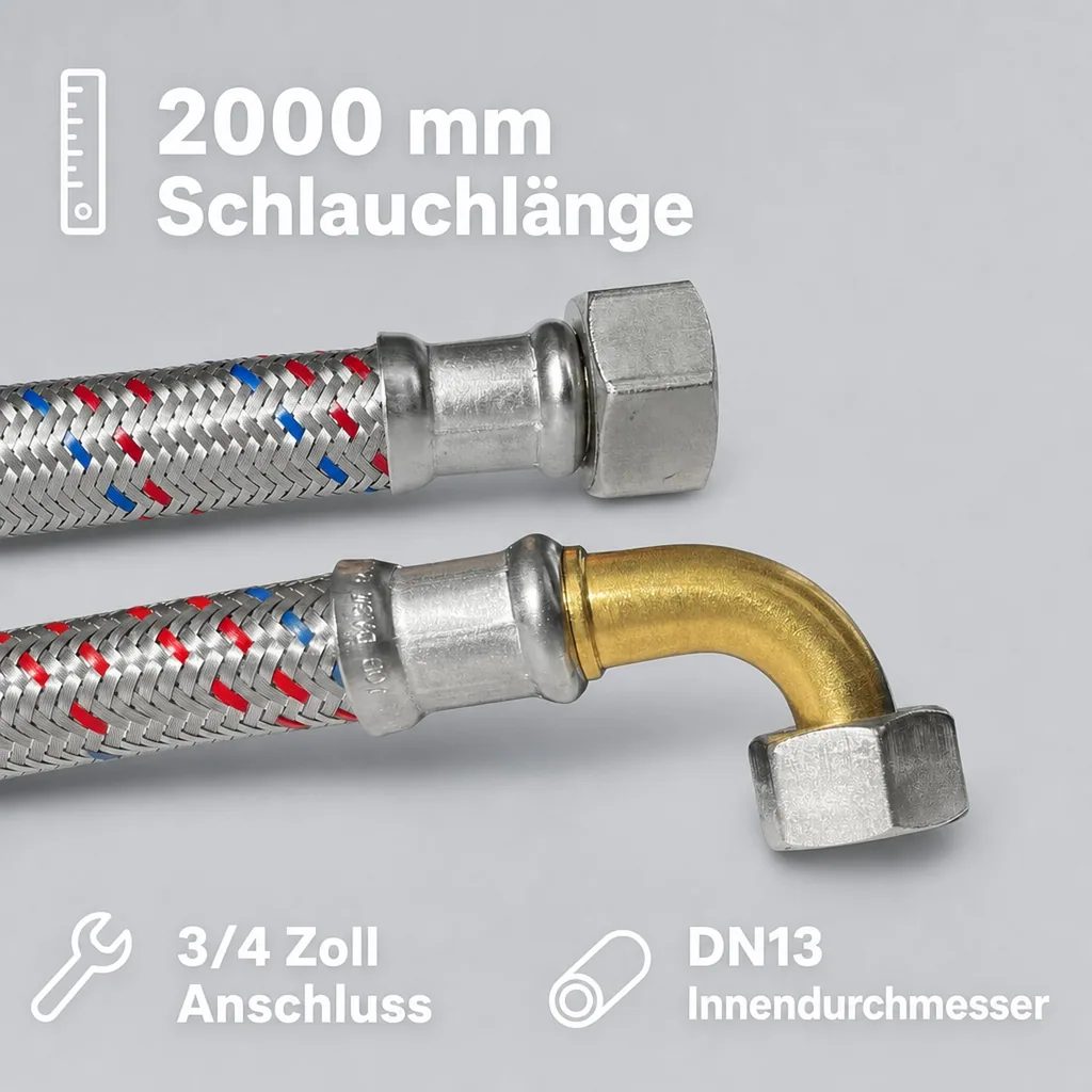 Panzerschlauch 3/4 Zoll, DVGW, Edelstahlumflechtung, Bogen, 2000mm