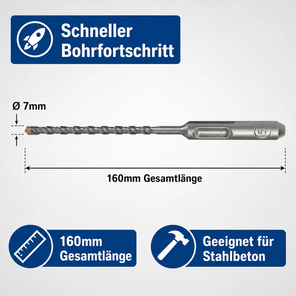 SDS Bohrer 7mm, Hammerbohrer SDS Plus, Betonbohrer, Steinbohrer
