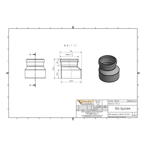 KG Reduktion, Rohr Reduzierstück DN 315/250, Übergangsrohr, Abwasserrohr Reduktion