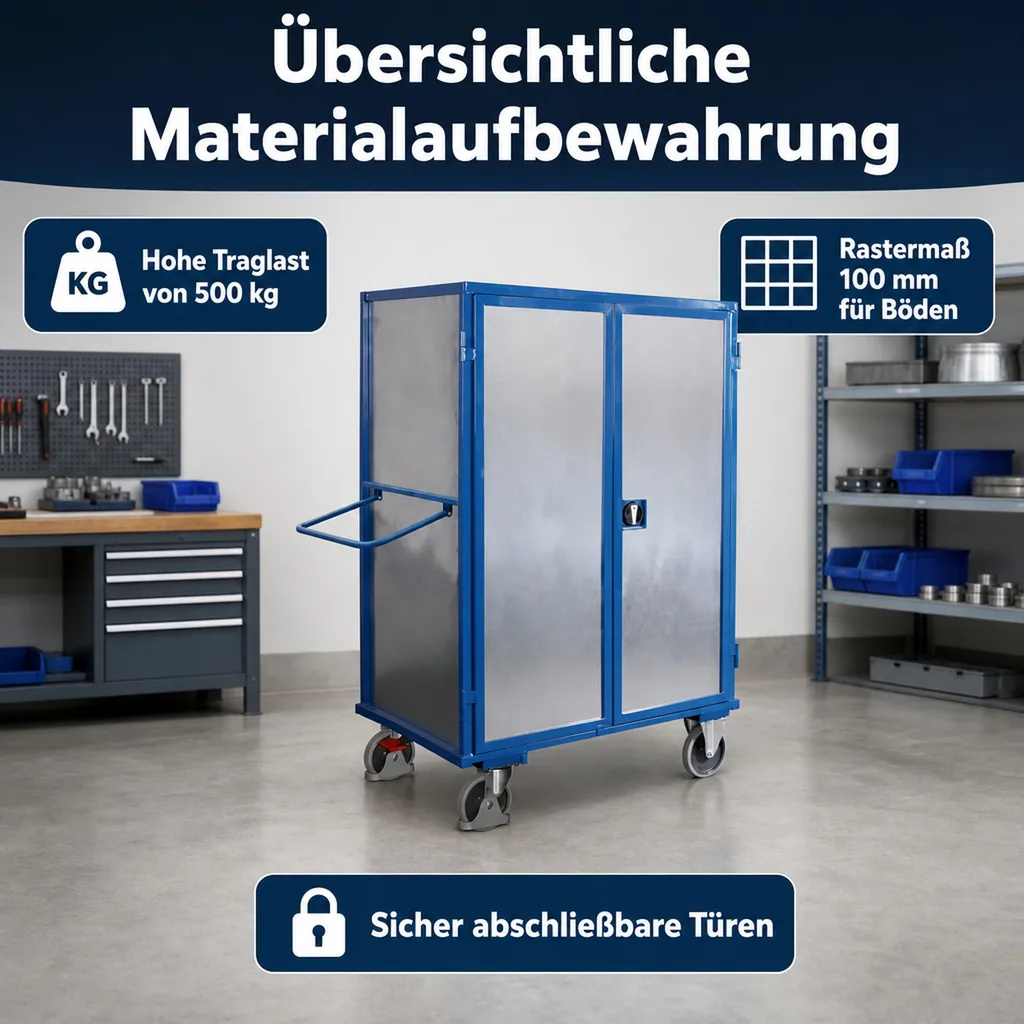 Werkstattwagen mit Türen, Etagenwagen abschließbar Stahlblechwagen, 500kg Traglast