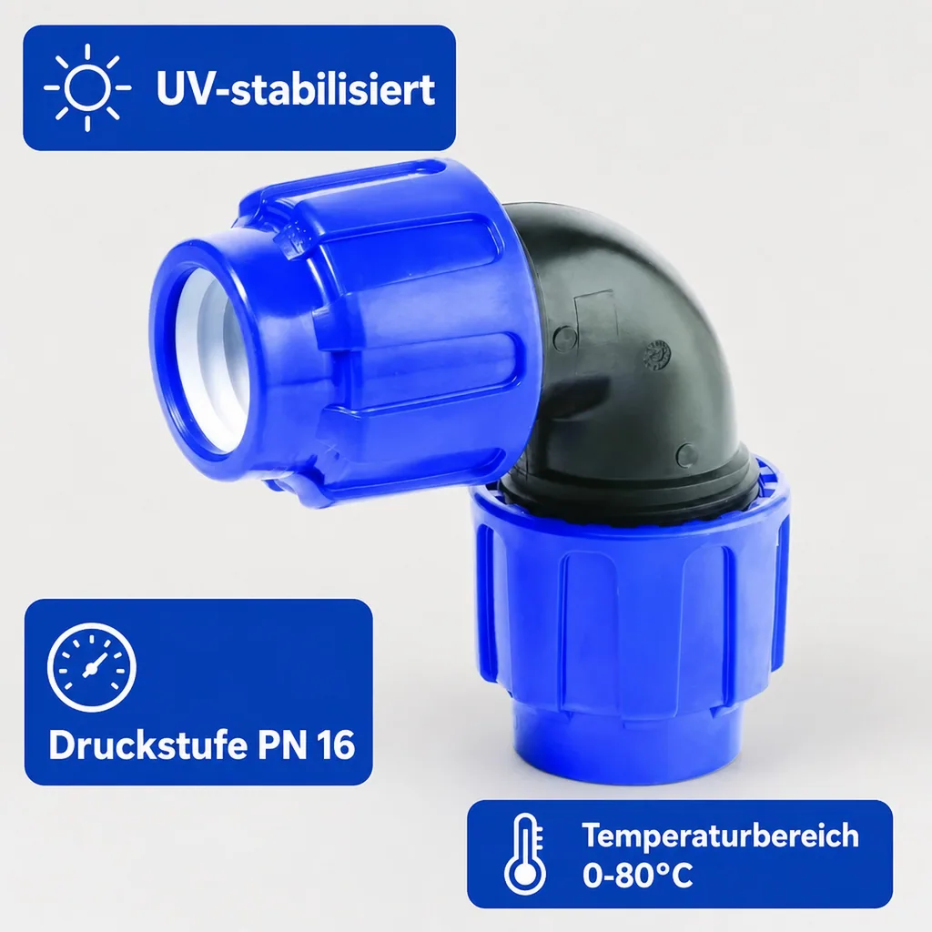 PE Rohr Verschraubung, 32mm Winkel 90°, Klemmfitting, Trinkwasser
