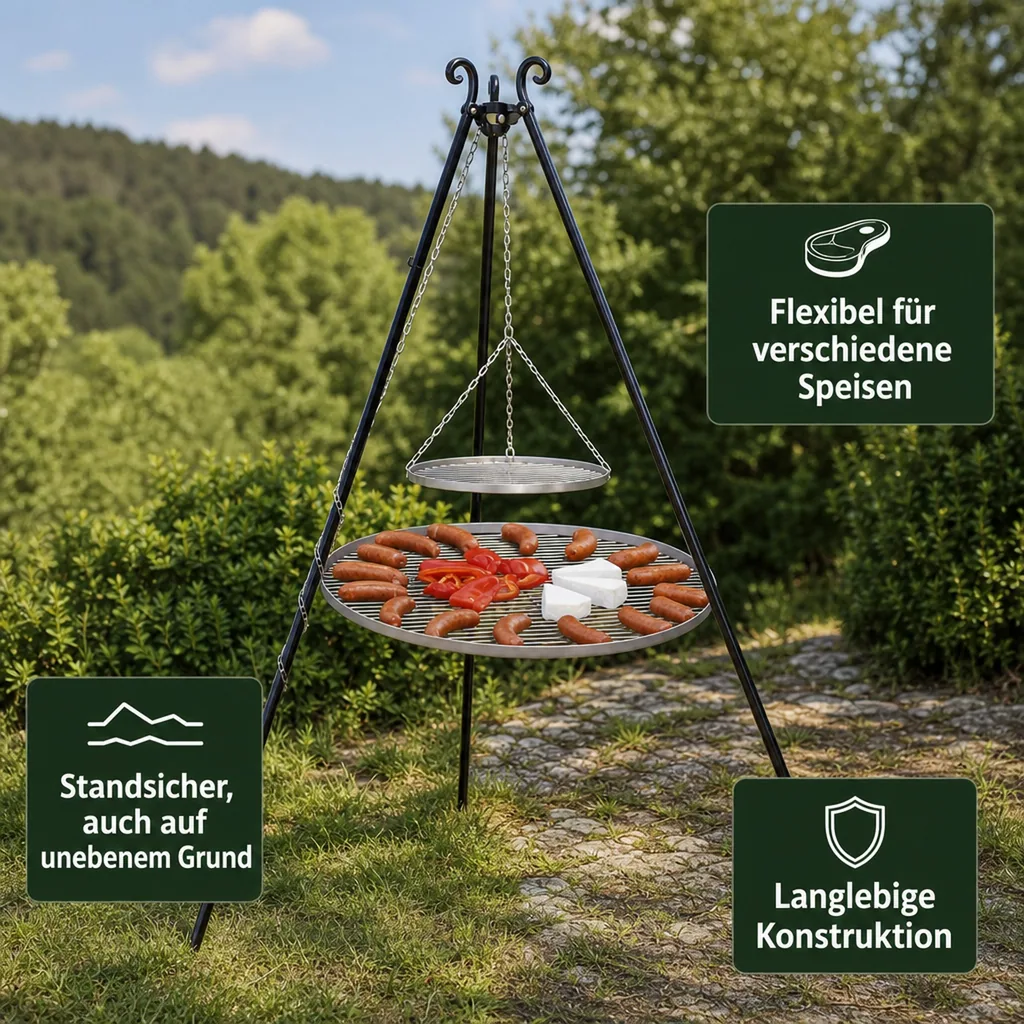 Schwenkgrill, Dreibein Grill, 180 cm, Doppelrost 70/40 cm, Grillset