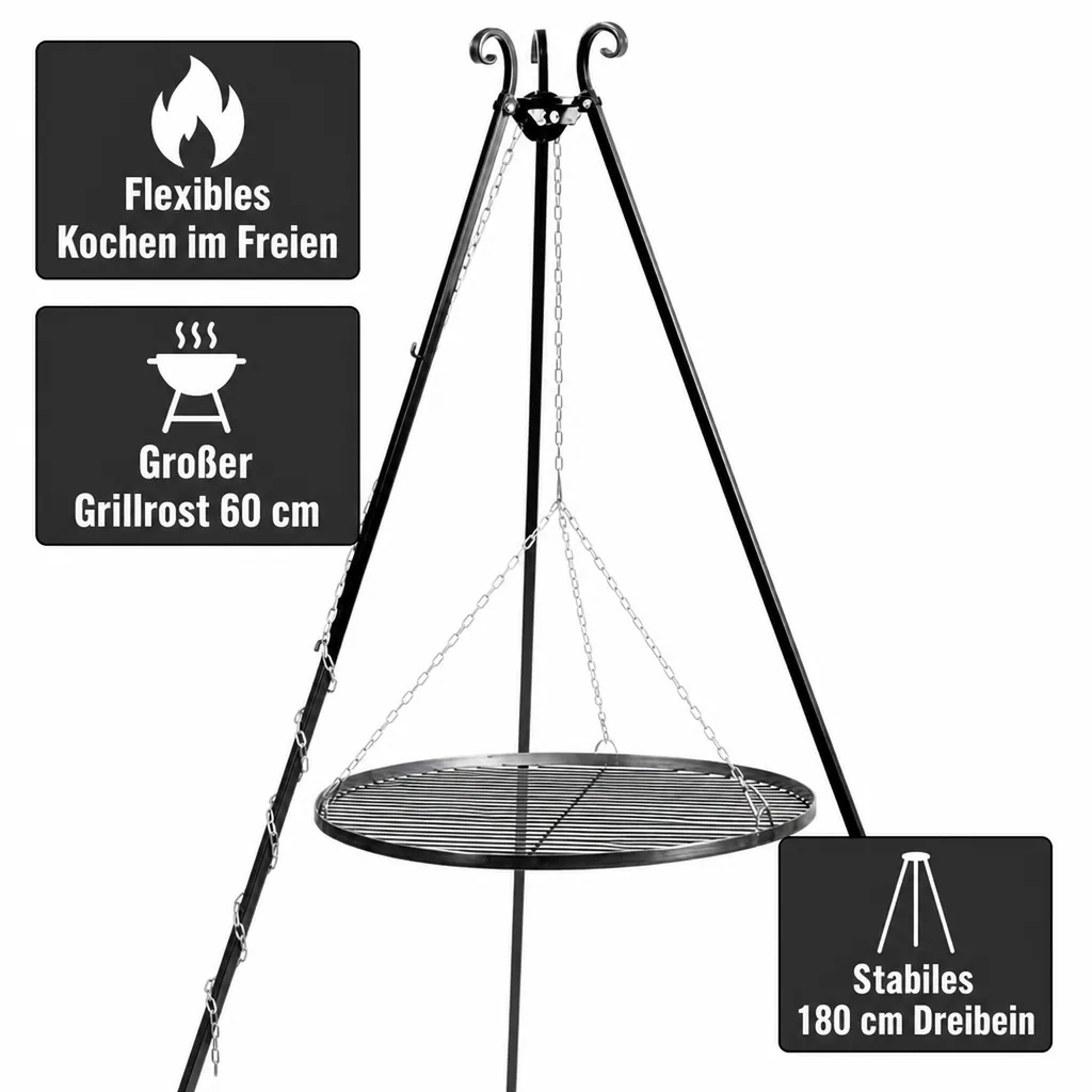 Schwenkgrill, Dreibein Grill, Grillrost 60 cm, Gartengrill