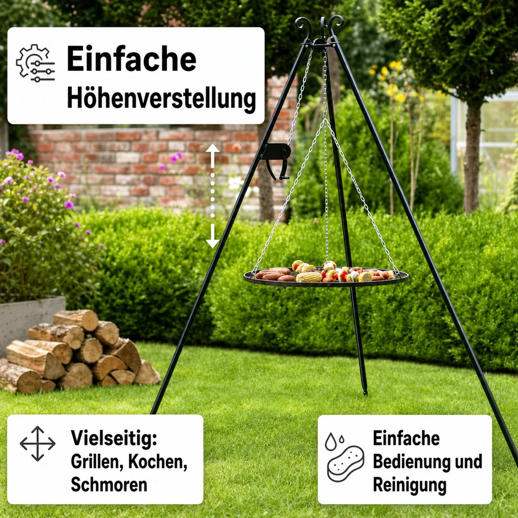 Schwenkgrill, Dreibein Grill, Grillrost 60 cm, Gartengrill