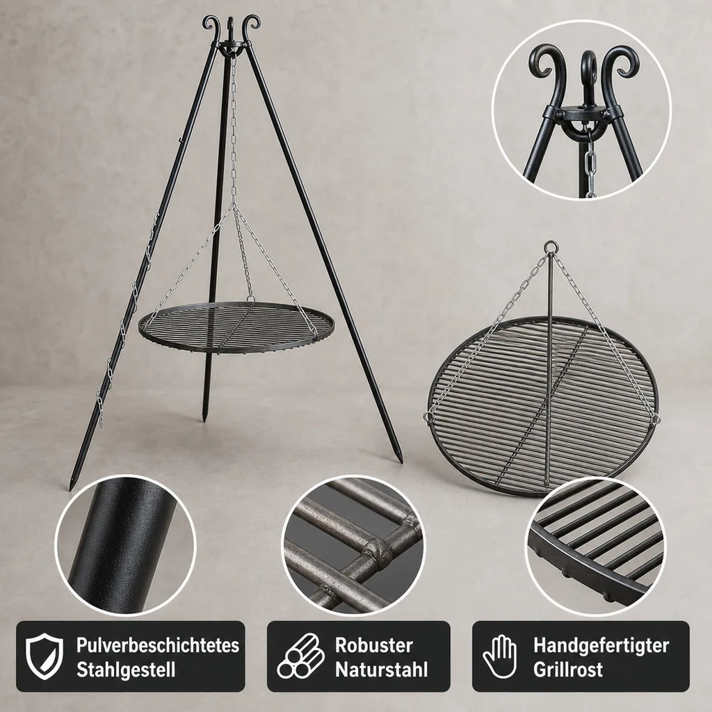 Schwenkgrill, Dreibein Grill, Grillrost 60 cm, Gartengrill