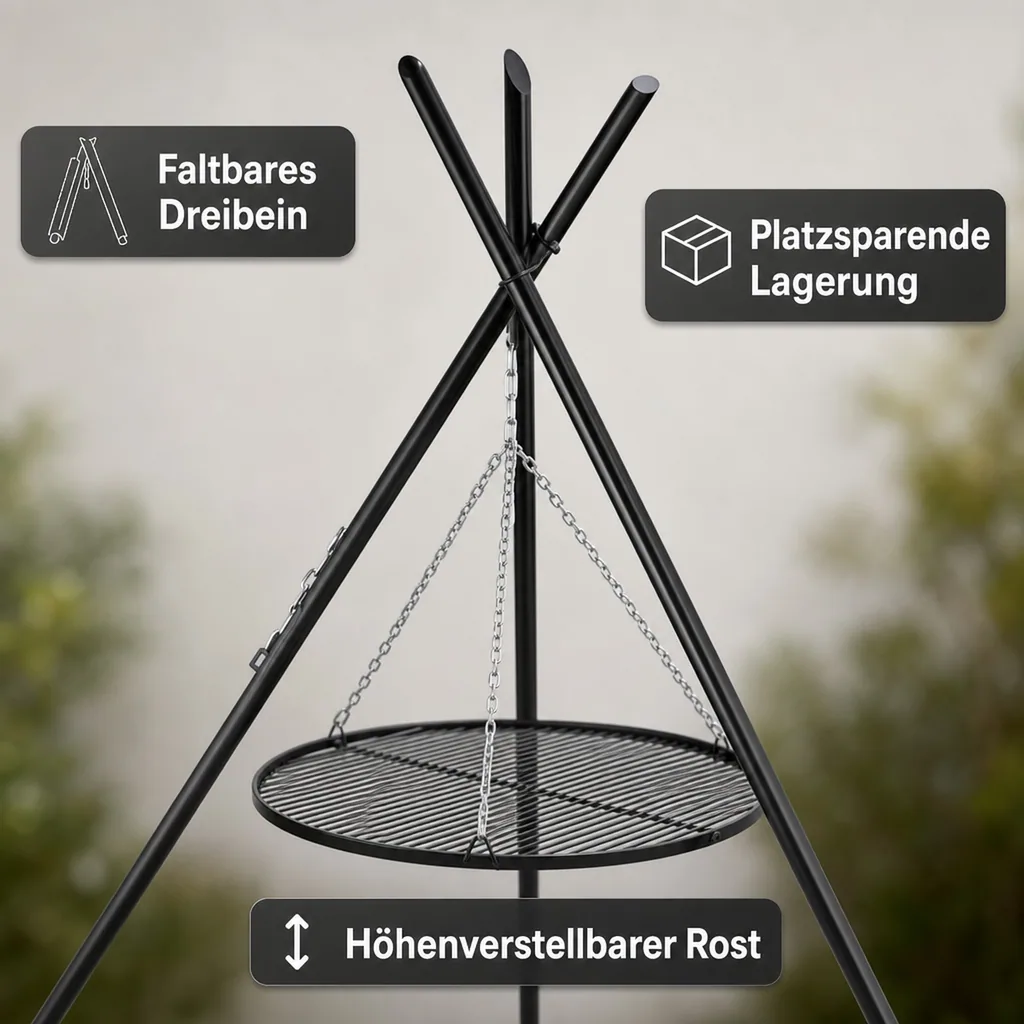 Schwenkgrill, Dreibein Grill, Gartengrill mit Grillrost