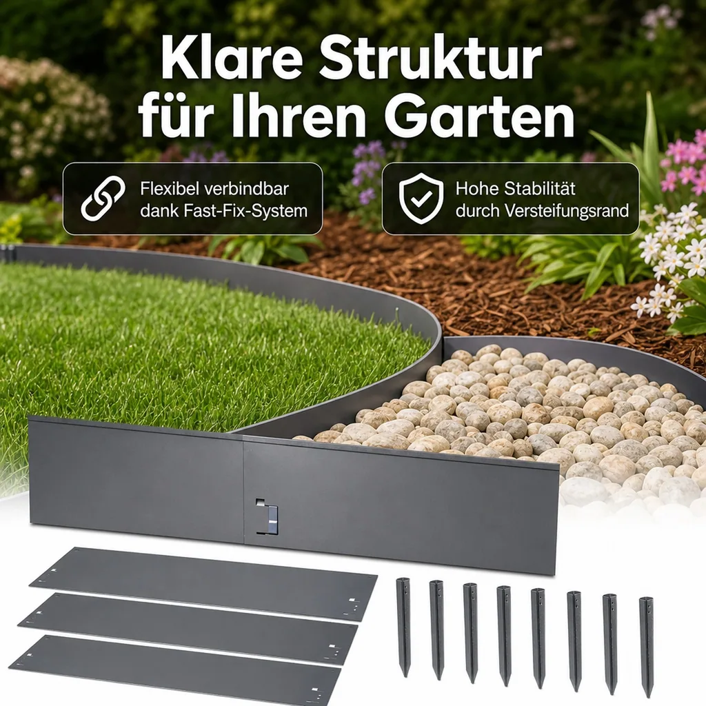 Rasenkanten Metall 18.5 cm x 120 cm | Beeteinfassung | Beetumrandung | Beetbegrenzungen, Color-GS: grau