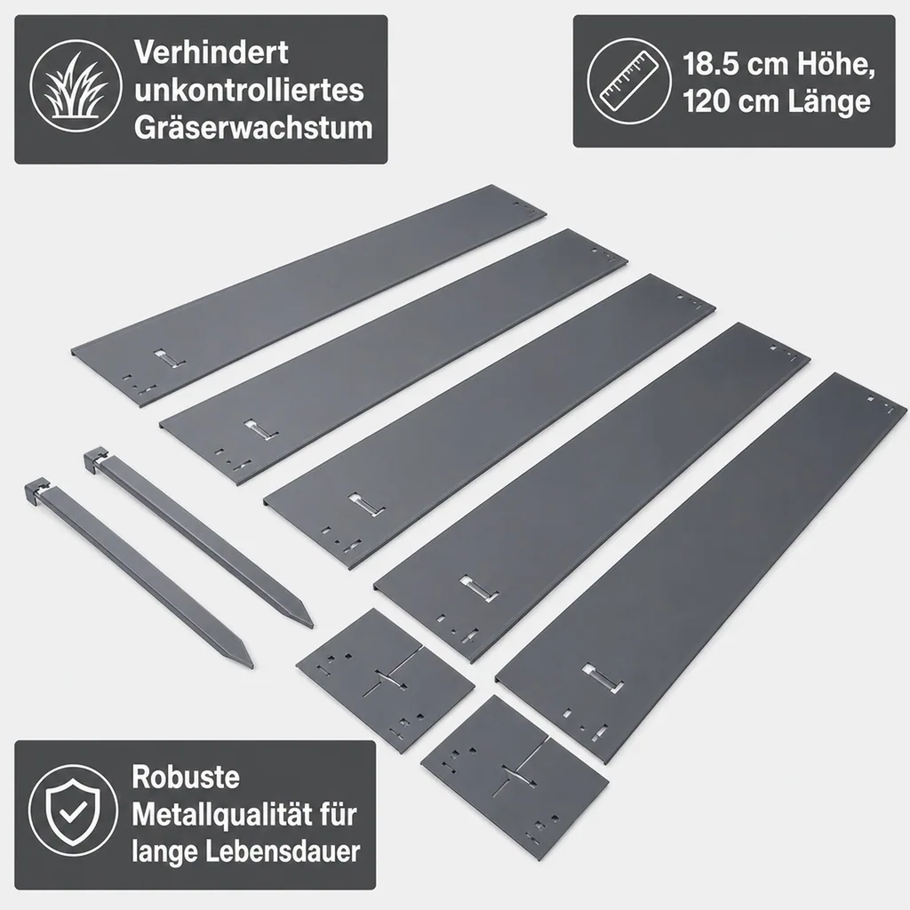 Rasenkanten Metall 18.5 cm x 120 cm | Beeteinfassung | Beetumrandung | Beetbegrenzungen, Color-GS: grau