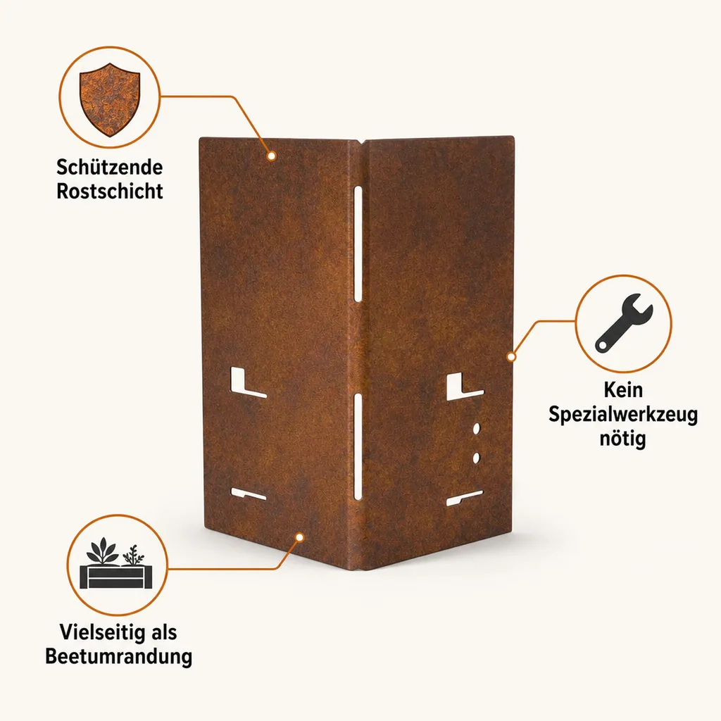 Ecke für Rasenkante Cortenstahl, Beeteinfassung, Beetumrandung, 8 x 8 x 13,5 cm