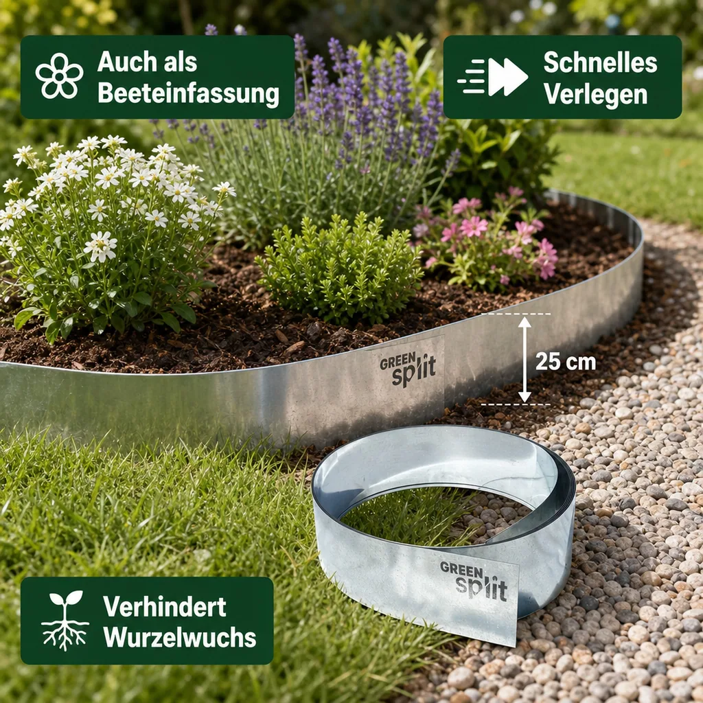 Rasenkantenband Metall Alu/Zink 25cm x 10Meter | Rasenkanten | Beeteinfassung | Beetumrandung | Beetbegrenzungen