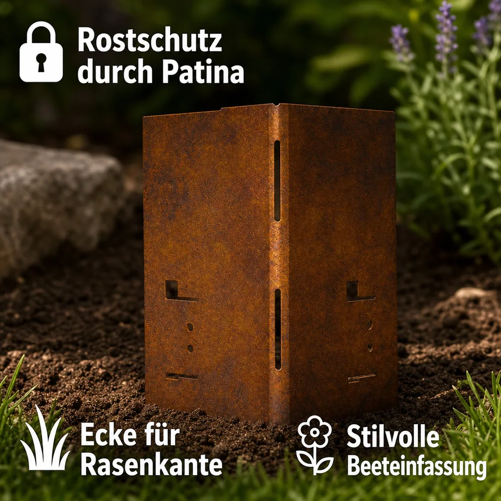 Ecke für Rasenkante Cortenstahl, Beeteinfassung, Beetumrandung, 8 x 8 x 18,5 cm