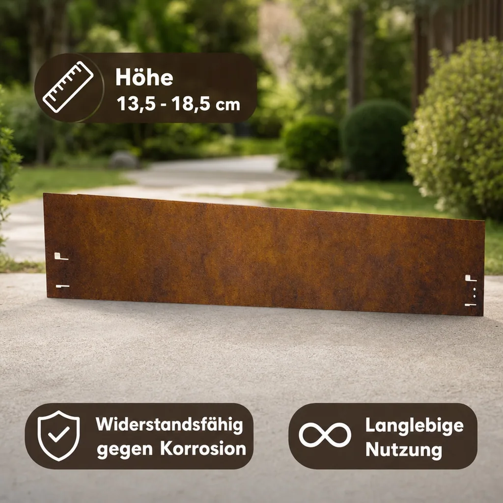 Rasenkante Cortenstahl 120 cm lang, 13,5 - 18,5 cm hoch, Beeteinfassung, Beetumrandung - Metall feuerverzinkt, Breite: 18.5 cm
