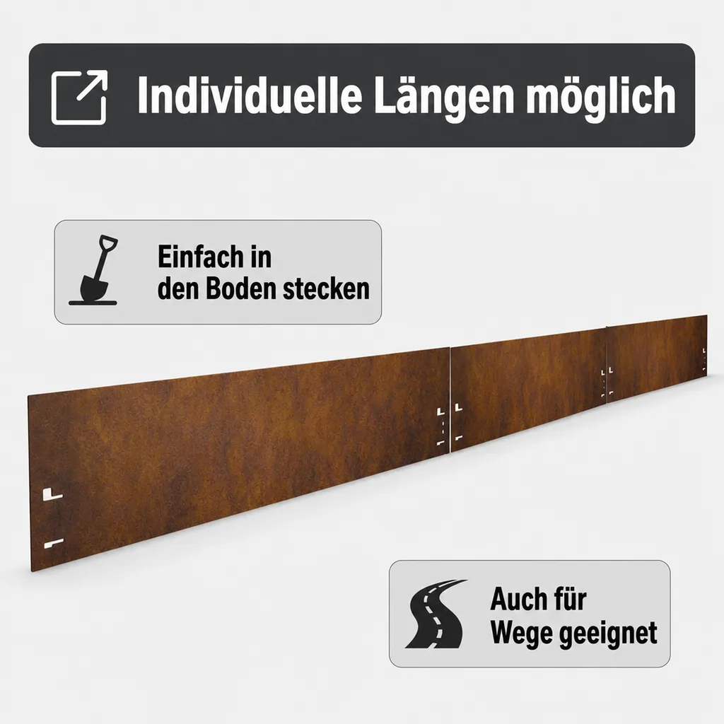 Rasenkante Cortenstahl 120 cm lang, 13,5 - 18,5 cm hoch, Beeteinfassung, Beetumrandung - Metall feuerverzinkt, Breite: 18.5 cm