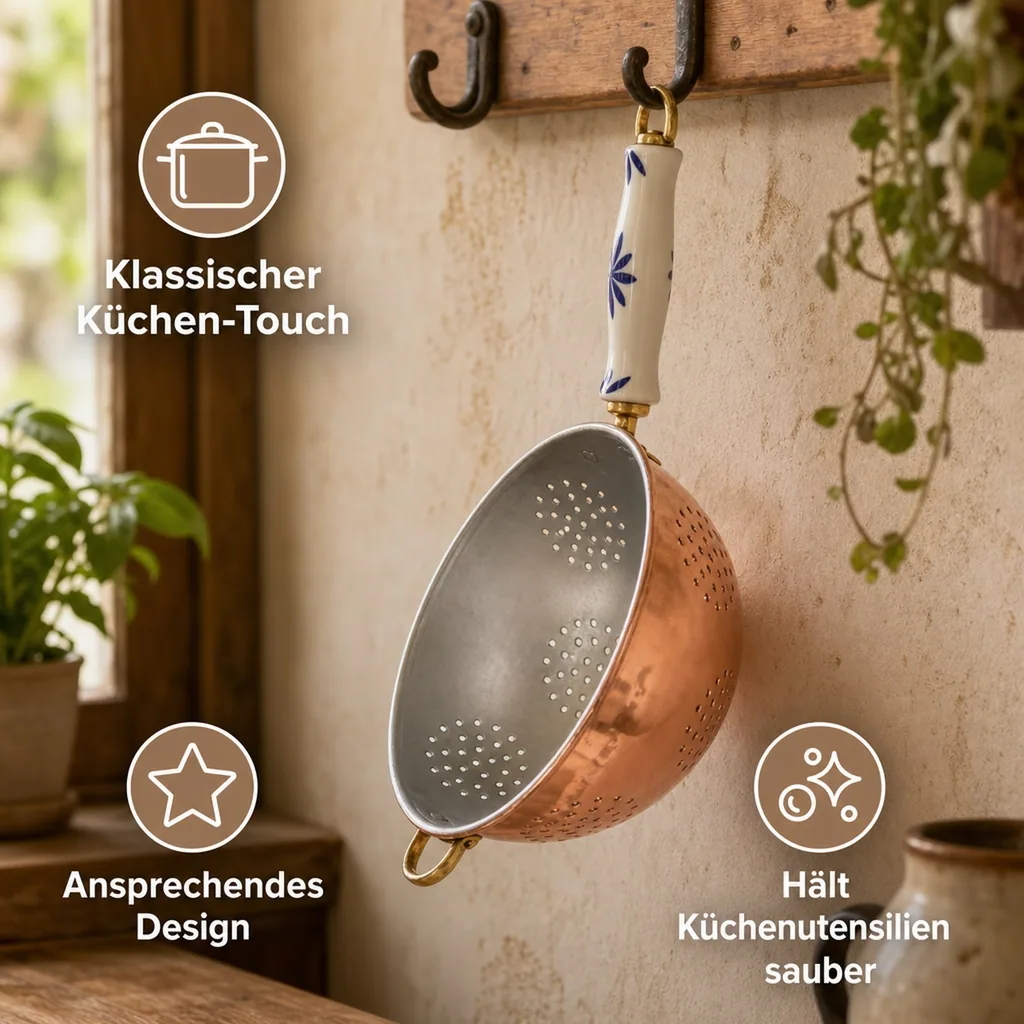 Sieb, Kupfersieb - mit verzinnter Innenseite enthält einen Porzellangriff, Durchmesser: 17 cm