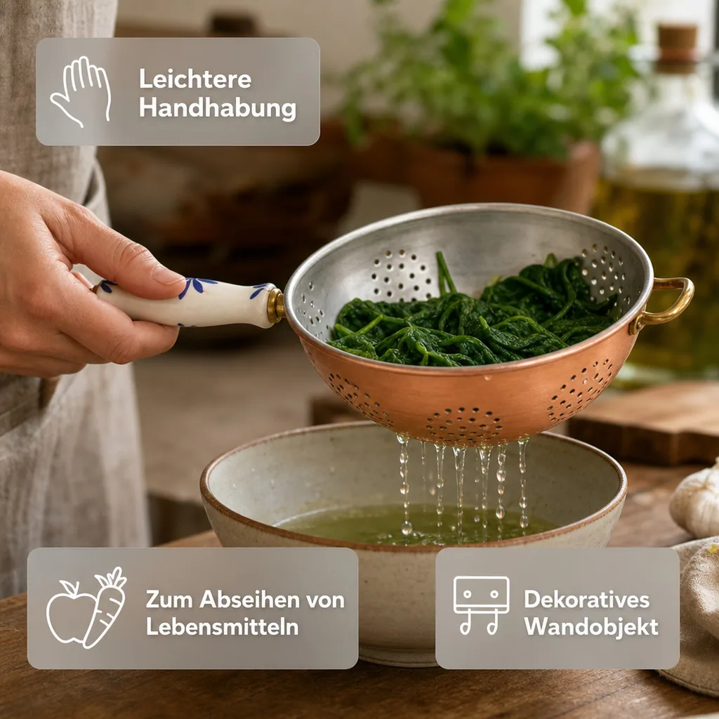 Sieb, Kupfersieb - mit verzinnter Innenseite enthält einen Porzellangriff, Durchmesser: 17 cm