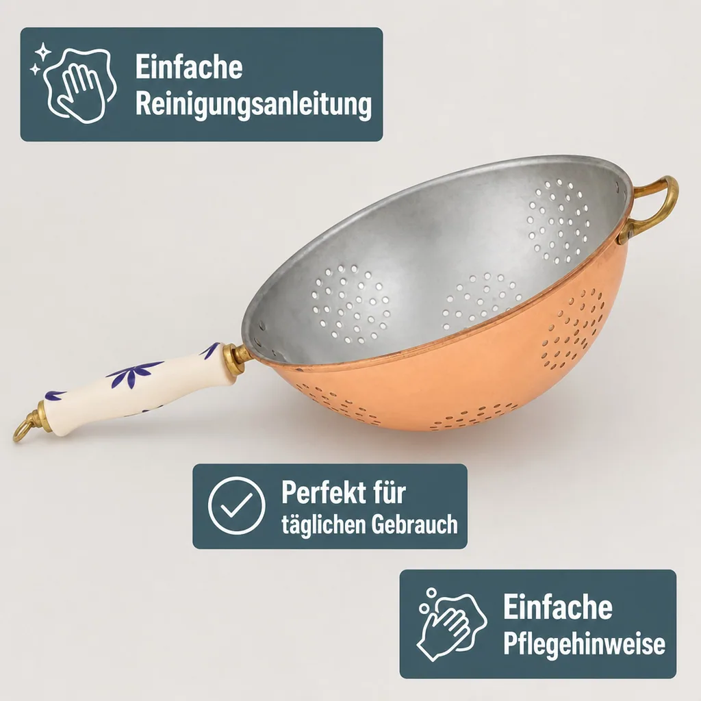 Sieb, Kupfersieb - mit verzinnter Innenseite enthält einen Porzellangriff, Durchmesser: 17 cm