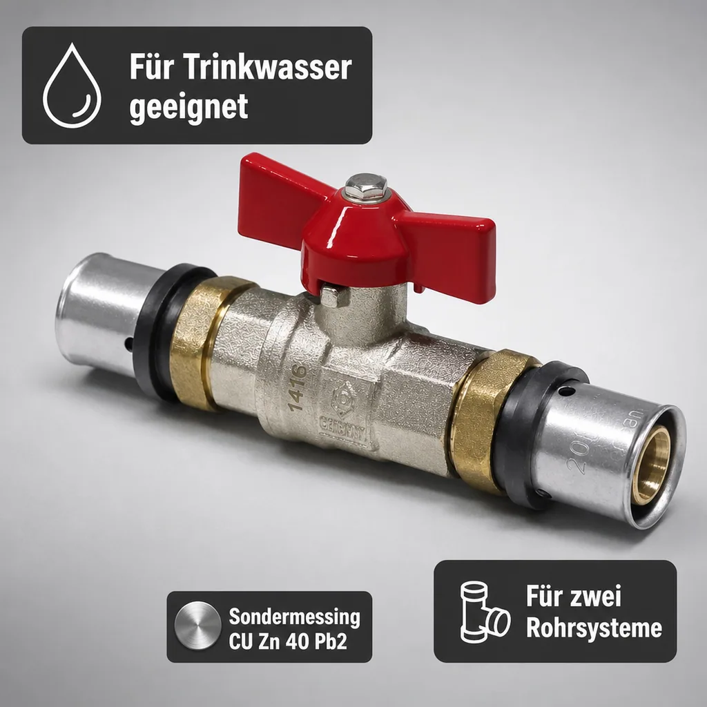 Pressfitting Kugelhahn rot Flügelgriff 20 x 2