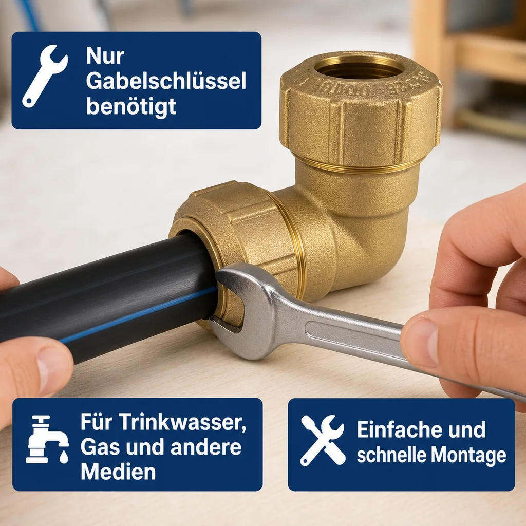PE Rohr Verschraubung Messing 90° Winkel, 2 Verschraubungen, 25mm, Wasserleitung