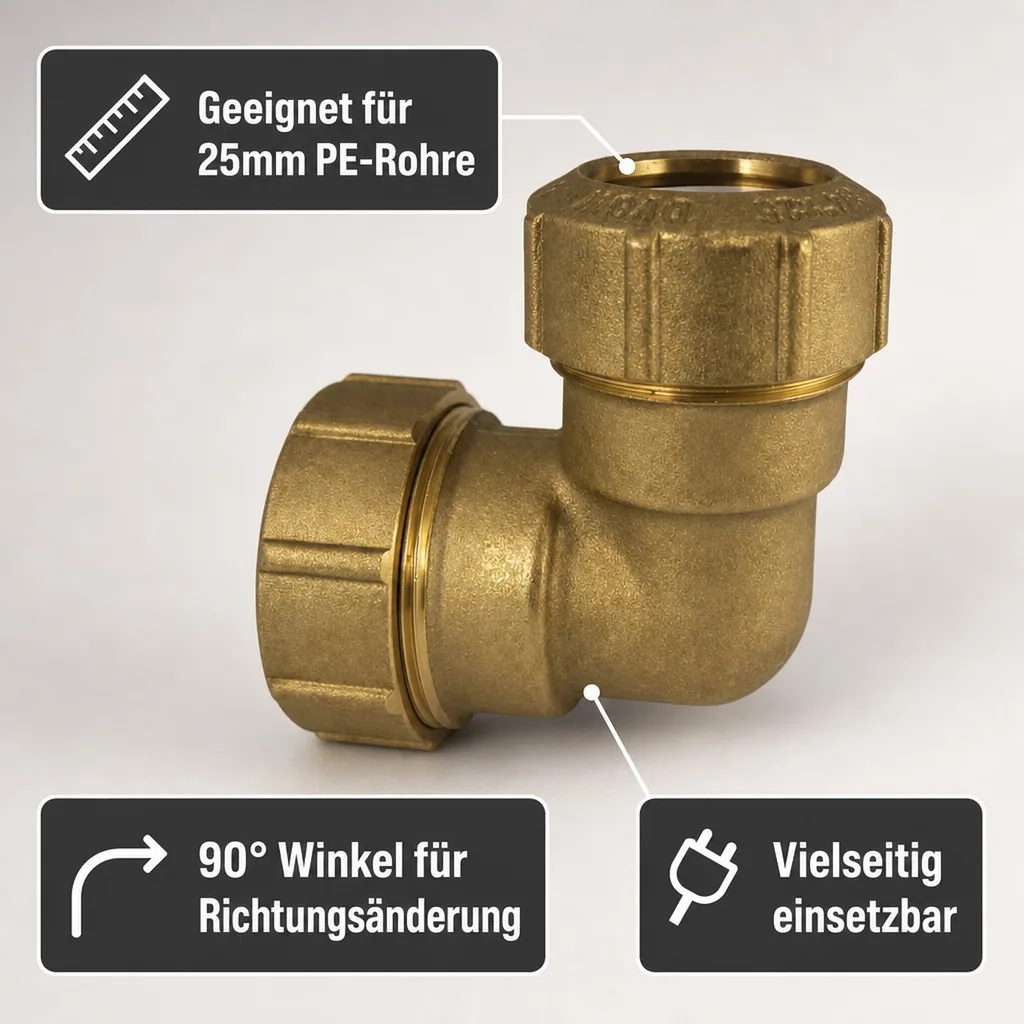 PE Rohr Verschraubung Messing 90° Winkel, 2 Verschraubungen, 25mm, Wasserleitung