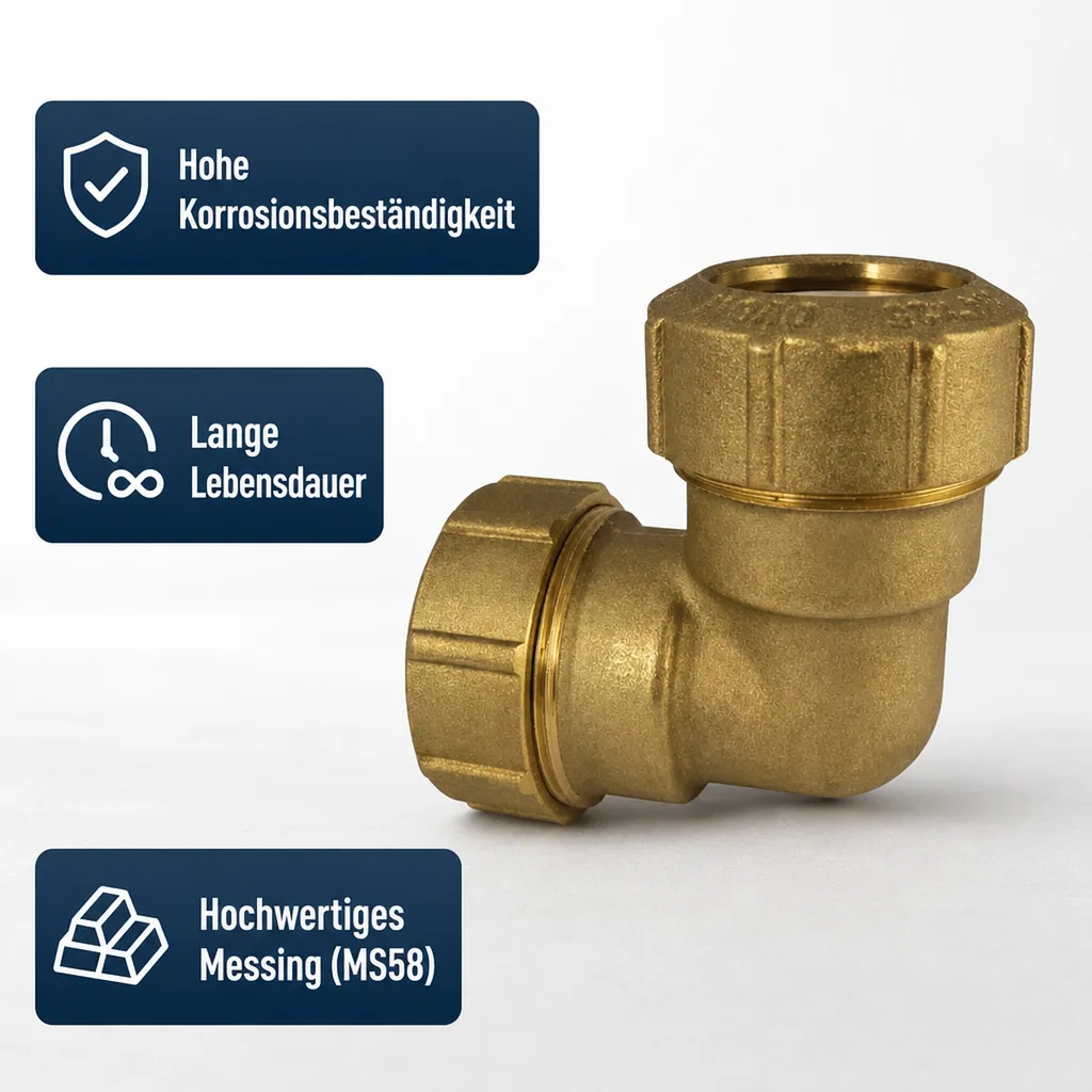 PE Rohr Verschraubung Messing 90° Winkel, 2 Verschraubungen, 25mm, Wasserleitung