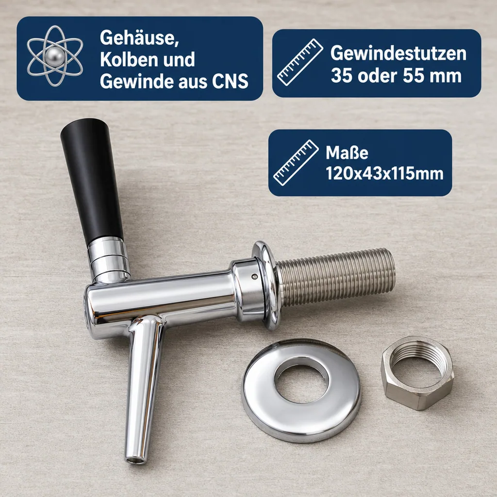 Zapfhahn, Bierzapfhahn, Schankhahn, Kolbenschankhahn aus Chromnickelstahl, Modell - C-TAP, NW 10mm, Poliert, Gewindelänge: 55 mm