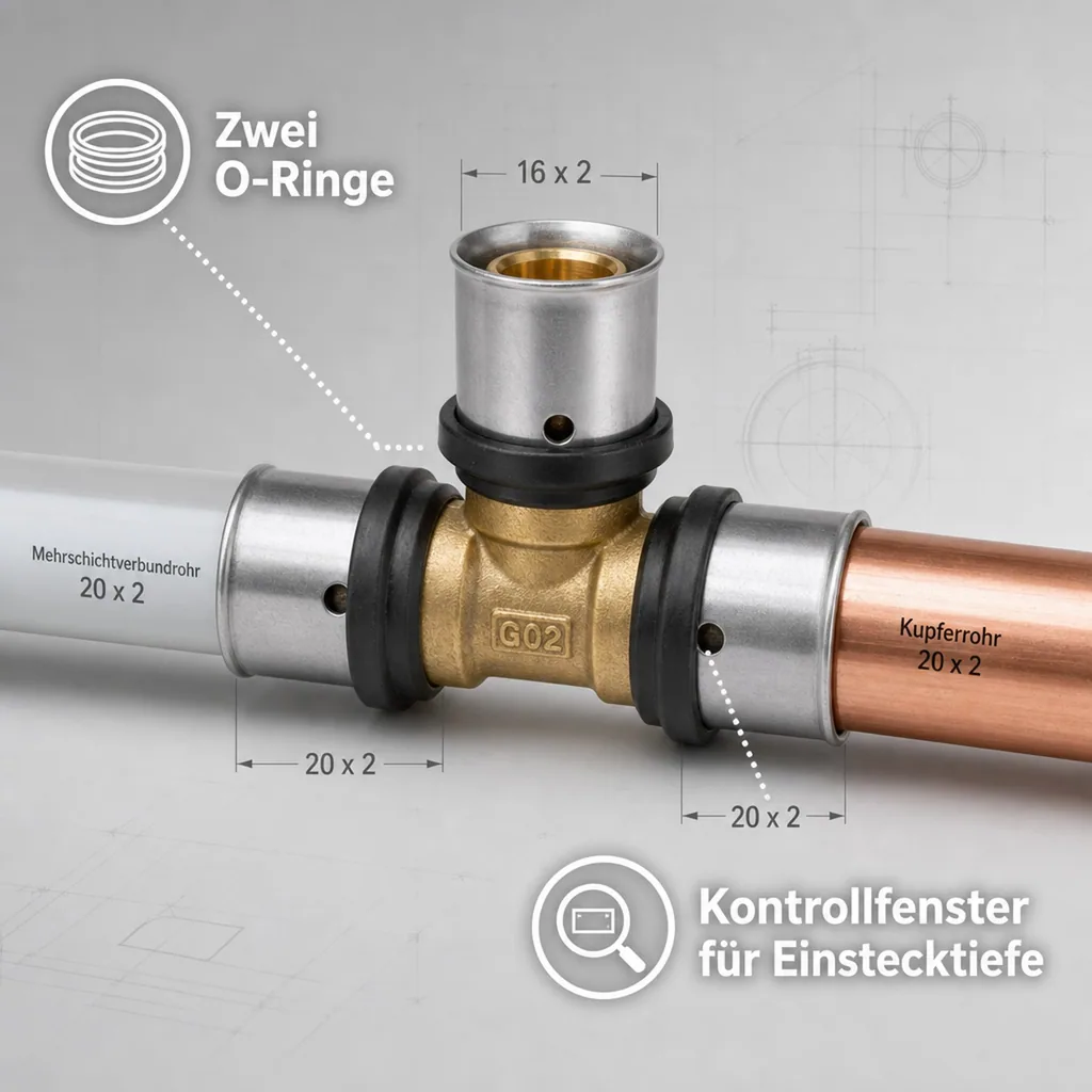 Pressfitting T-Stück Mitte reduziert 20 x 2 - 16 x 2 - 20 x 2