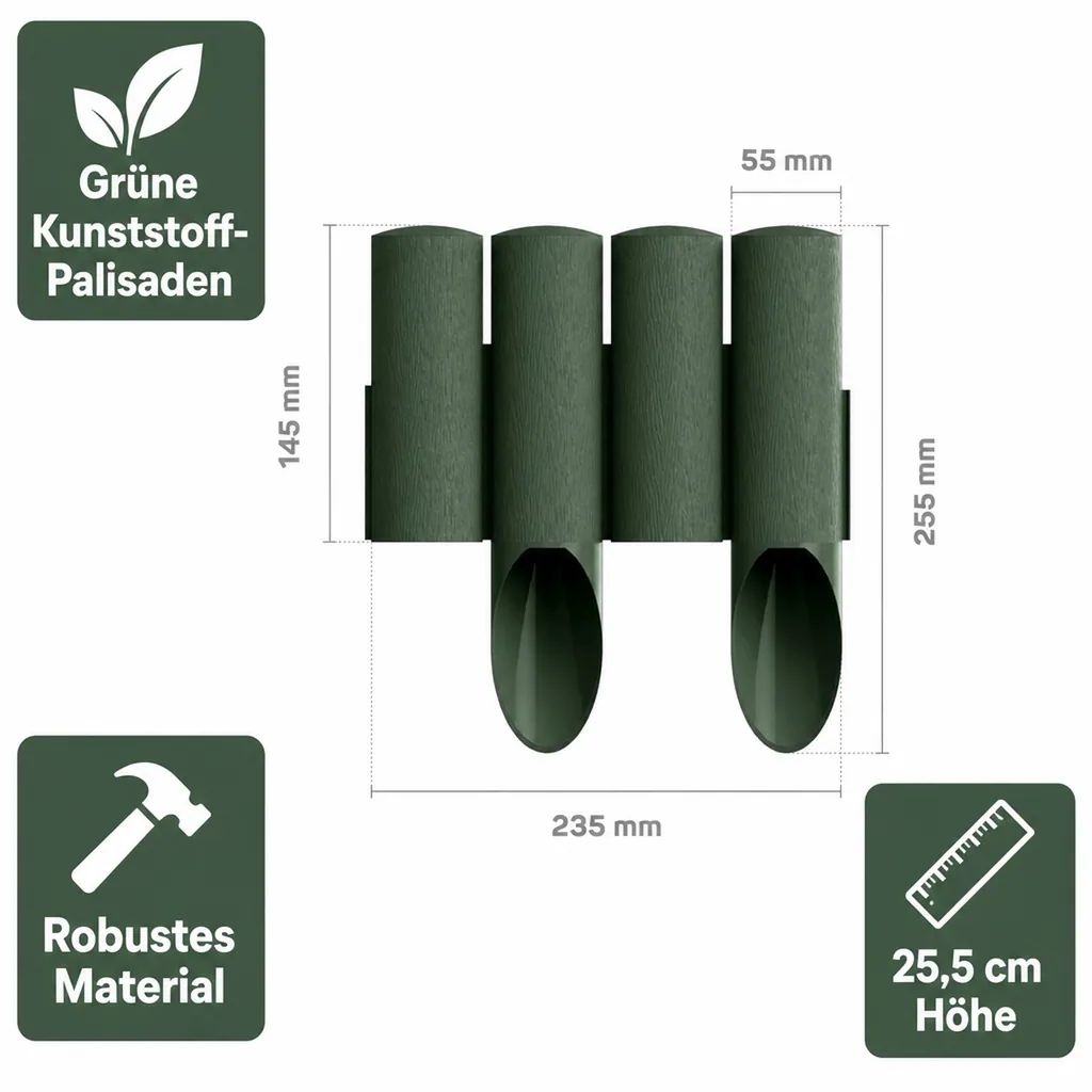 Gartenpallisade aus Kunststoff grun 230cm x 25.5cm | Rasenkanten | Beeteinfassung | Beetumrandung | Beetbegrenzungen