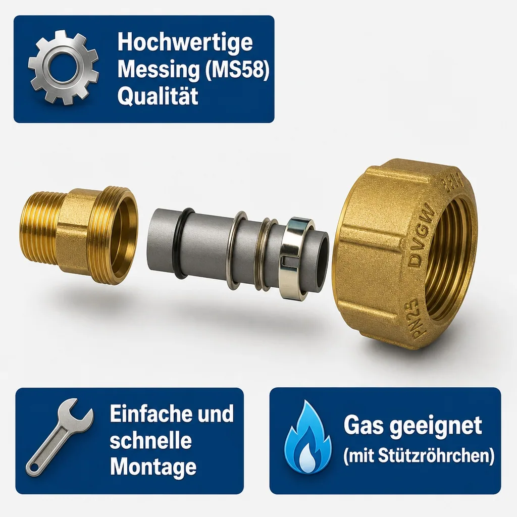 PE Rohr Verschraubung, Messing Kupplung 20mm, AG 20x1/2"