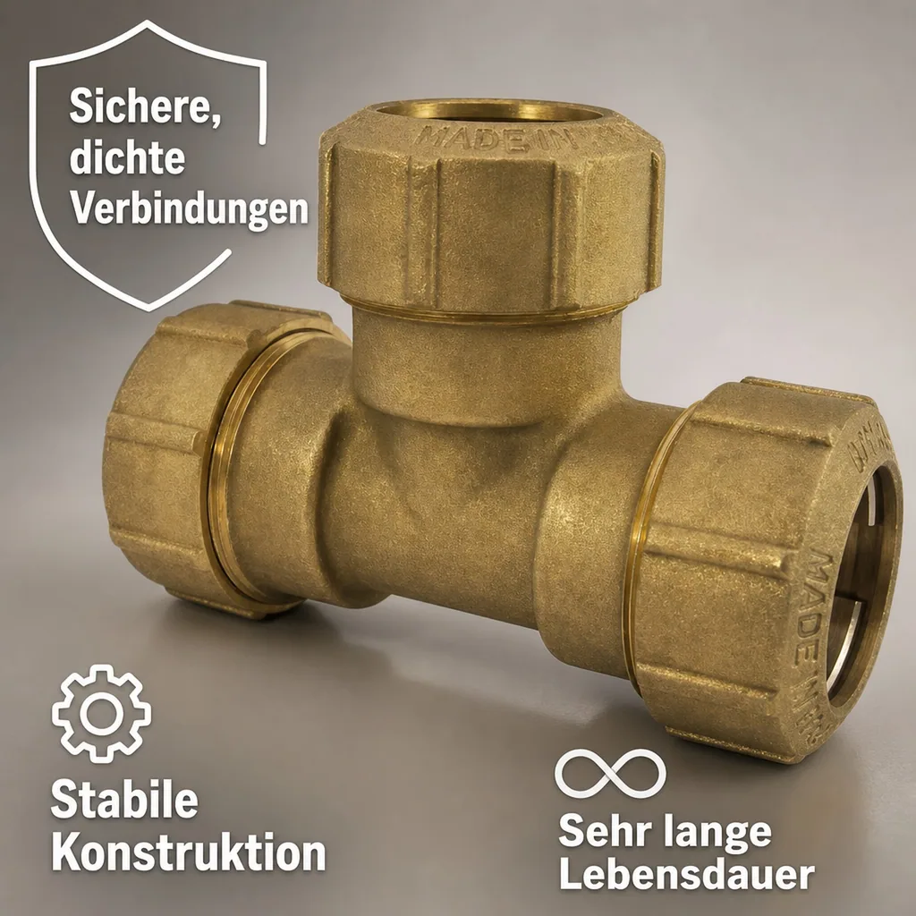 PE Rohr Verschraubung T-Stück Messing 20x20x20, Trinkwasser, Gas geeignet