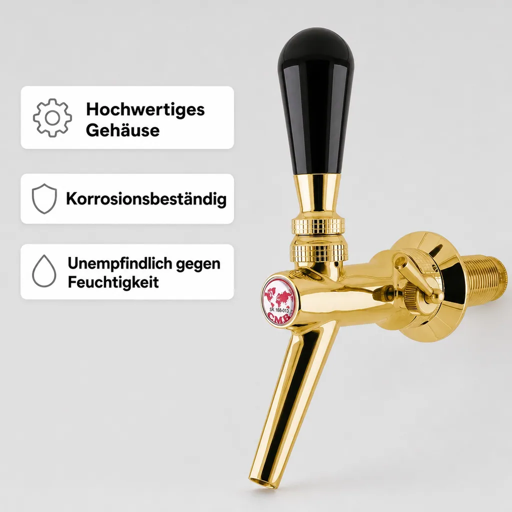 Zapfhahn, Kompensatorhahn, Bierzapfhahn, Schankhahn aus Chromnickelstahl, Modell - V10, Gold, Gewindelänge: 55 mm