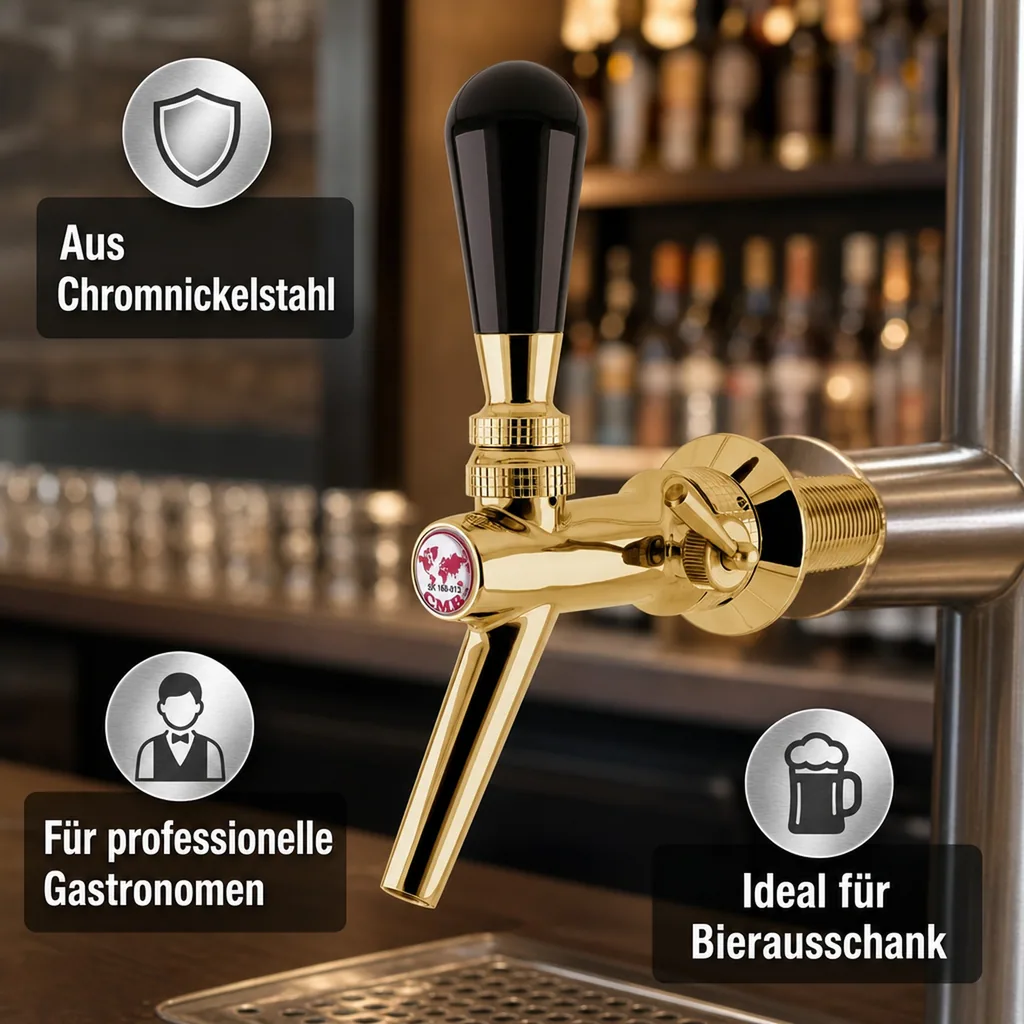 Zapfhahn, Kompensatorhahn, Bierzapfhahn, Schankhahn aus Chromnickelstahl, Modell - V10, Gold, Gewindelänge: 55 mm