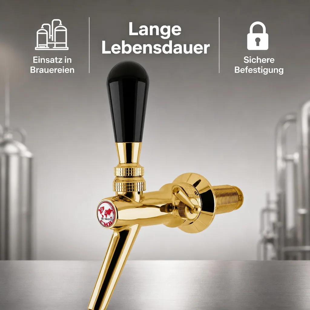 Zapfhahn, Kompensatorhahn, Bierzapfhahn, Schankhahn aus Chromnickelstahl, Modell - V10, Gold, Gewindelänge: 55 mm