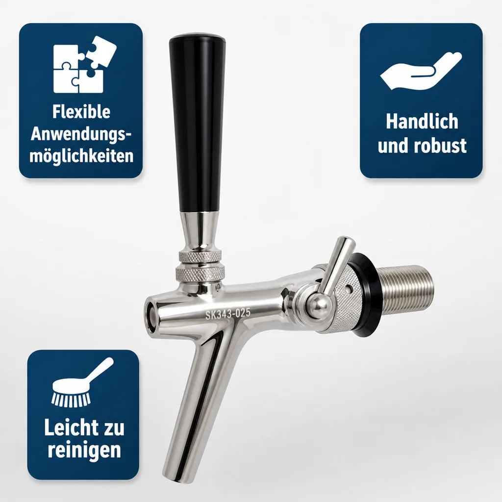 Zapfhahn, Kompensatorhahn, Bierzapfhahn, Schankhahn aus Chromnickelstahl, Modell - P3500, Poliert, Gewindelänge: 35 mm