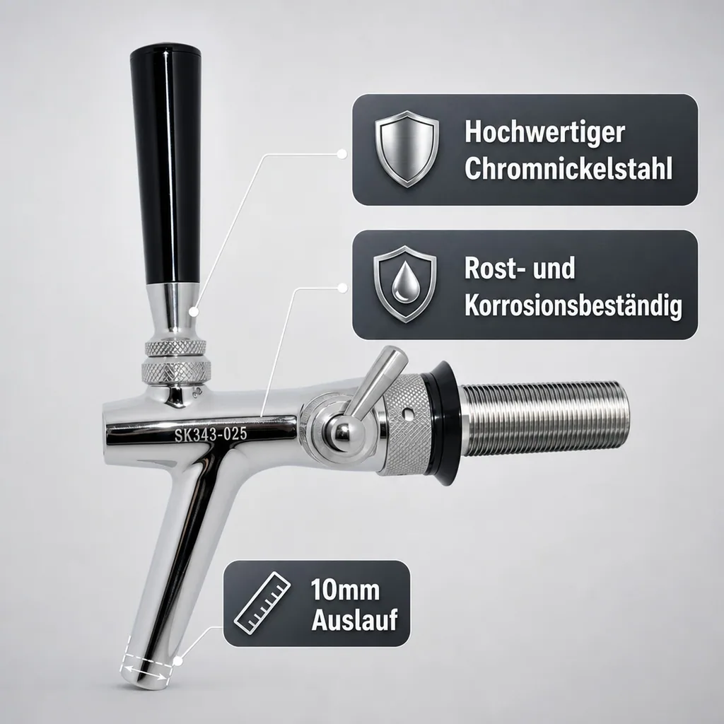 Zapfhahn, Kompensatorhahn, Bierzapfhahn, Schankhahn aus Chromnickelstahl, Modell - P3500, Poliert, Gewindelänge: 35 mm