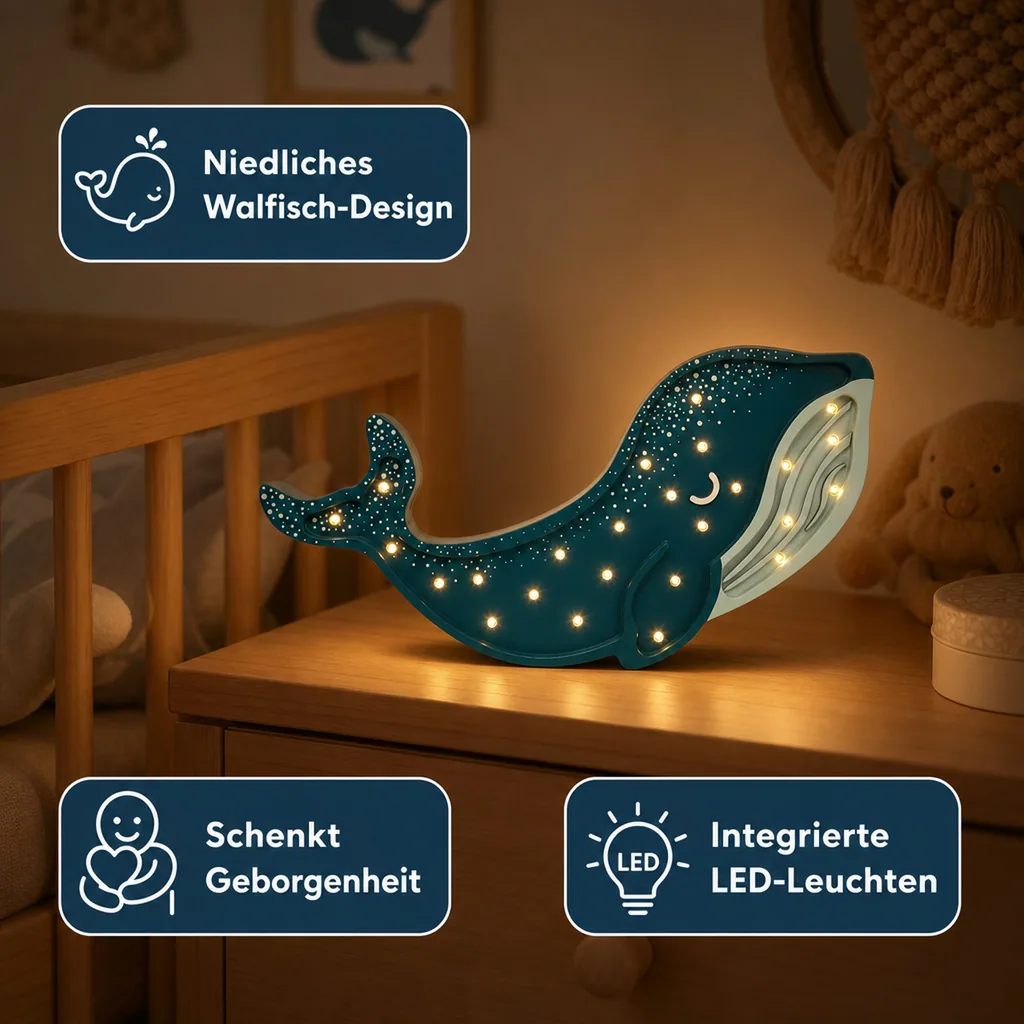 Little Lights Nachtlicht Kinder, Nachtlampe Walfisch - 100% Kiefernholz natur, Farbe: Galaxie-Krickente