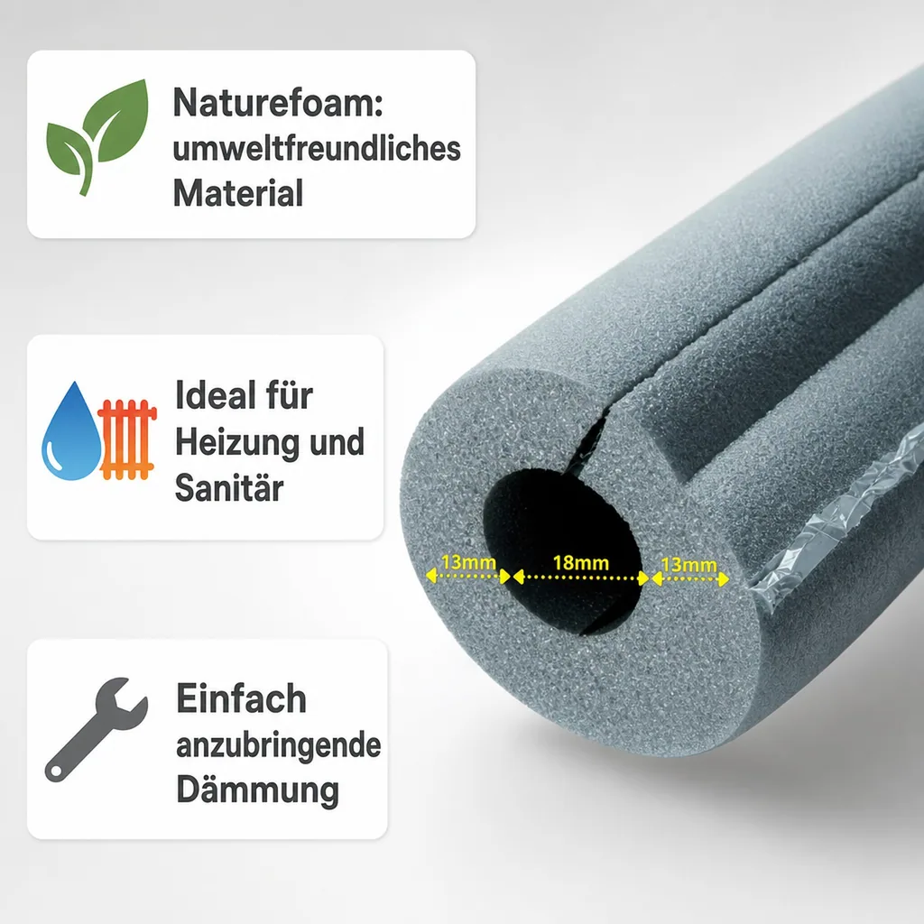 Isolierschlauch Ø 18 mm x 13 mm, selbstklebend, 2m, 50% GEG, Heizungsrohrdämmung