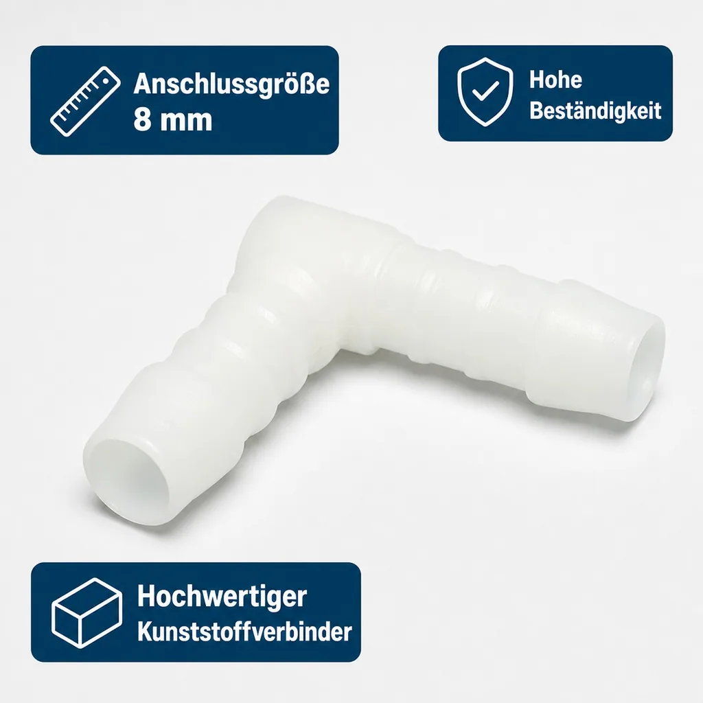 Schlauchverbinder 8mm, Kunststoff Winkelverbinder, 90 Grad, Schlauchkupplung Winkel