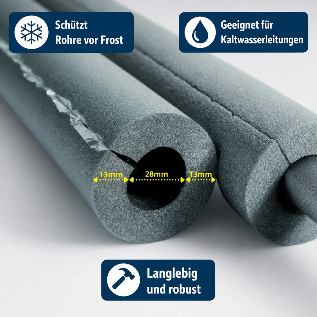 Rohrisolierung selbstklebend, Isolierschlauch Ø 28 mm x 13 mm, 2m, Dämmung 50% GEG