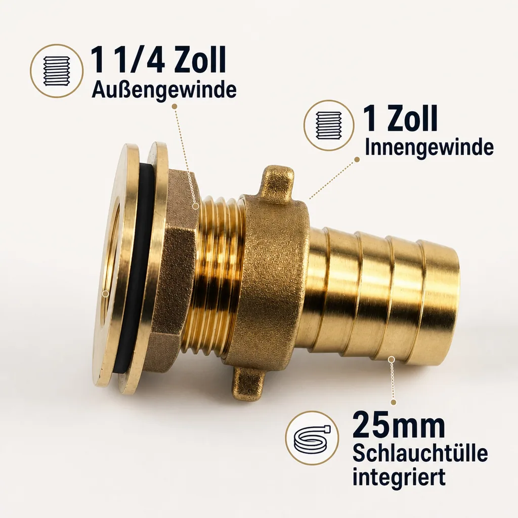 Tankdurchführung, Regentonnen Durchführung, Schlauchstutzen 25mm, 1 1/4 Zoll, Messing