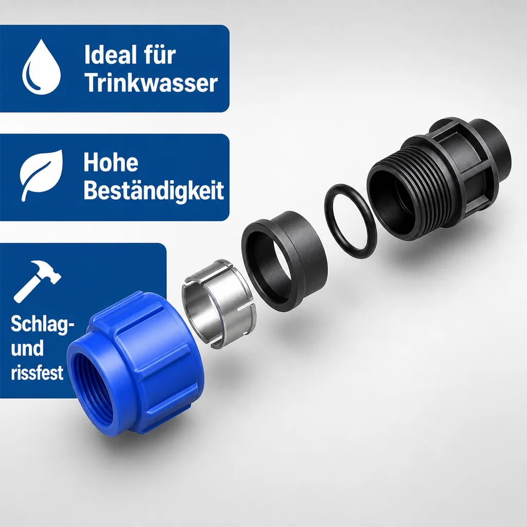 PE Rohr Verschraubung, Kupplung IG 20 x 1/2", Klemmverbinder, PP, für Trinkwasser