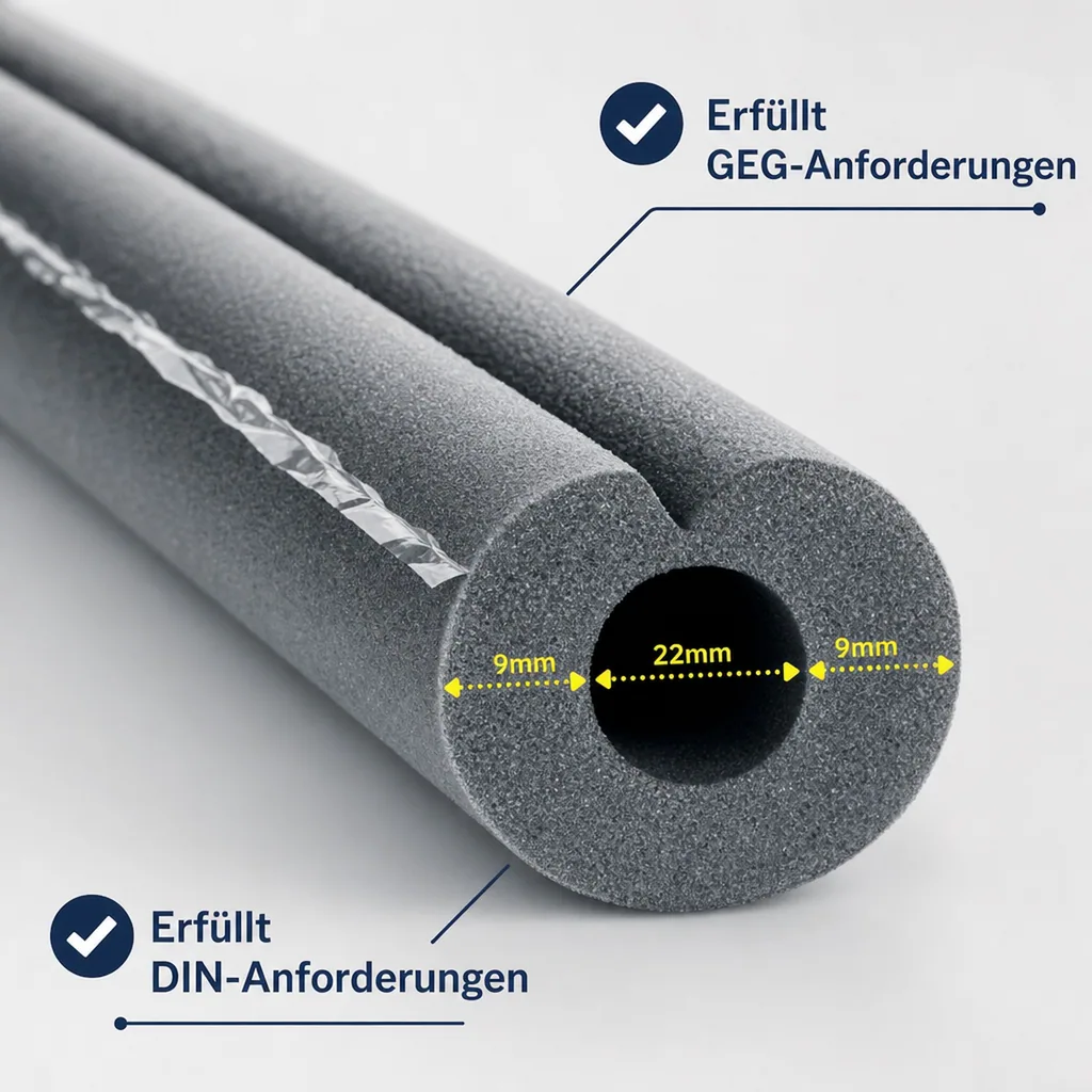 Rohrisolierung selbstklebend, Isolierschlauch 22mm x 9mm, Dämmung Heizungsrohre, 2 x 1m