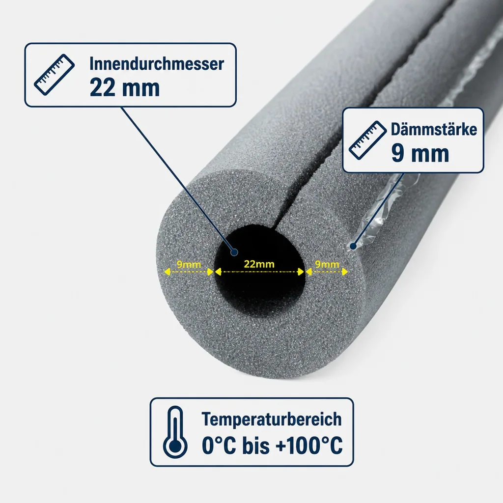 Rohrisolierung selbstklebend, Isolierschlauch 22mm x 9mm, Dämmung Heizungsrohre, 2 x 1m