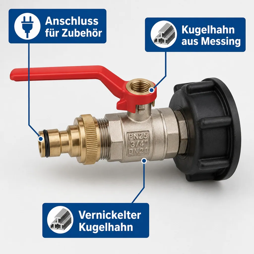 IBC Adapter S60, IBC Container Adapter, Kugelhahn, 3/4 Zoll, Steckkupplung