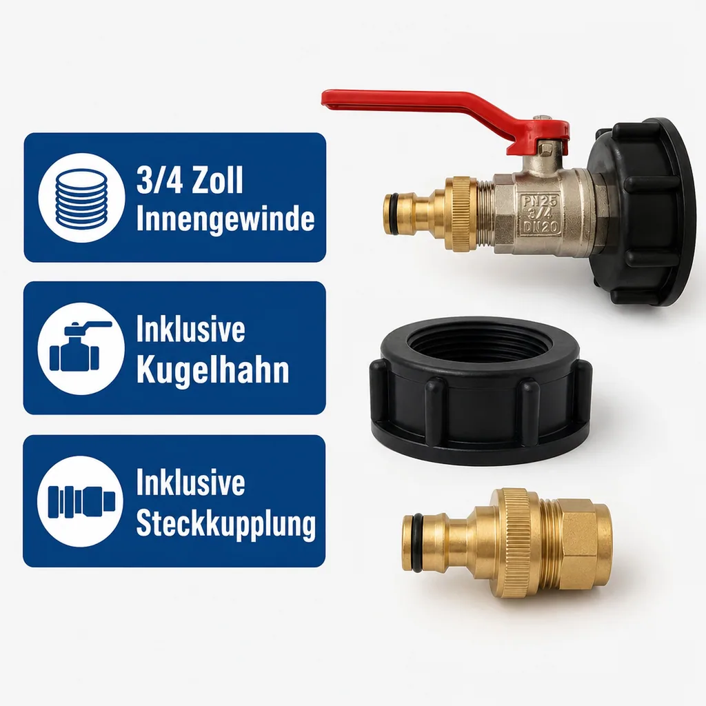 IBC Adapter S60, IBC Container Adapter, Kugelhahn, 3/4 Zoll, Steckkupplung