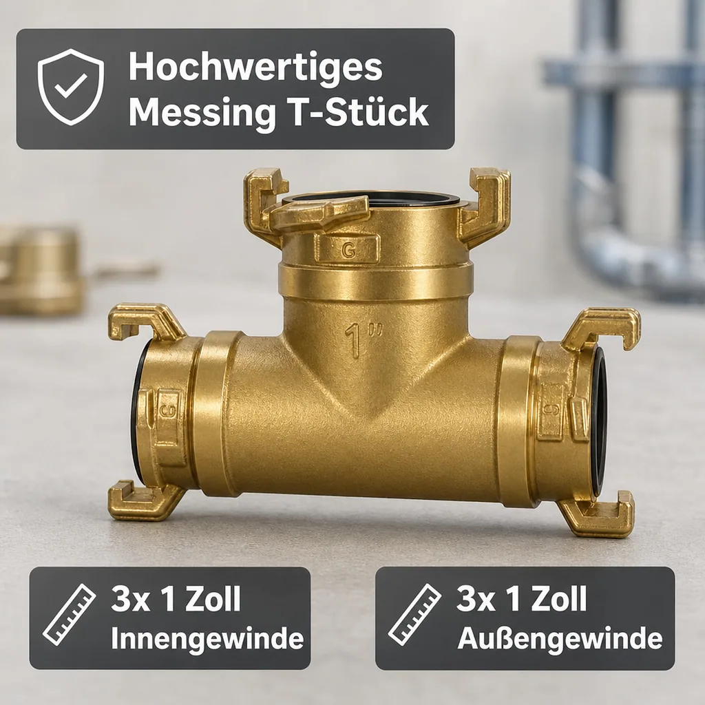 Messing T-Stück 3x1 Zoll, 3x Gewindestück 1 Zoll IG/AG, Messingfitting