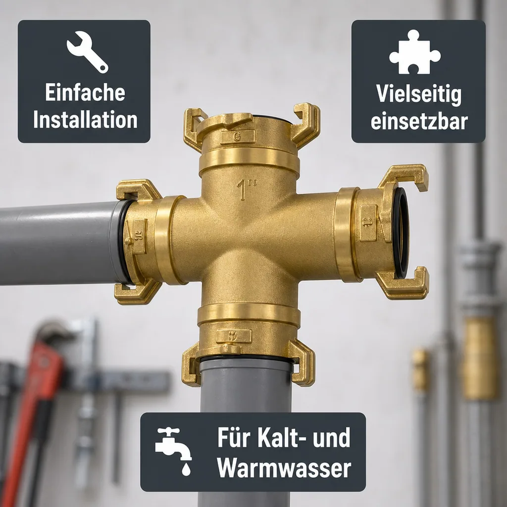 Messing T-Stück 3x1 Zoll, 3x Gewindestück 1 Zoll IG/AG, Messingfitting